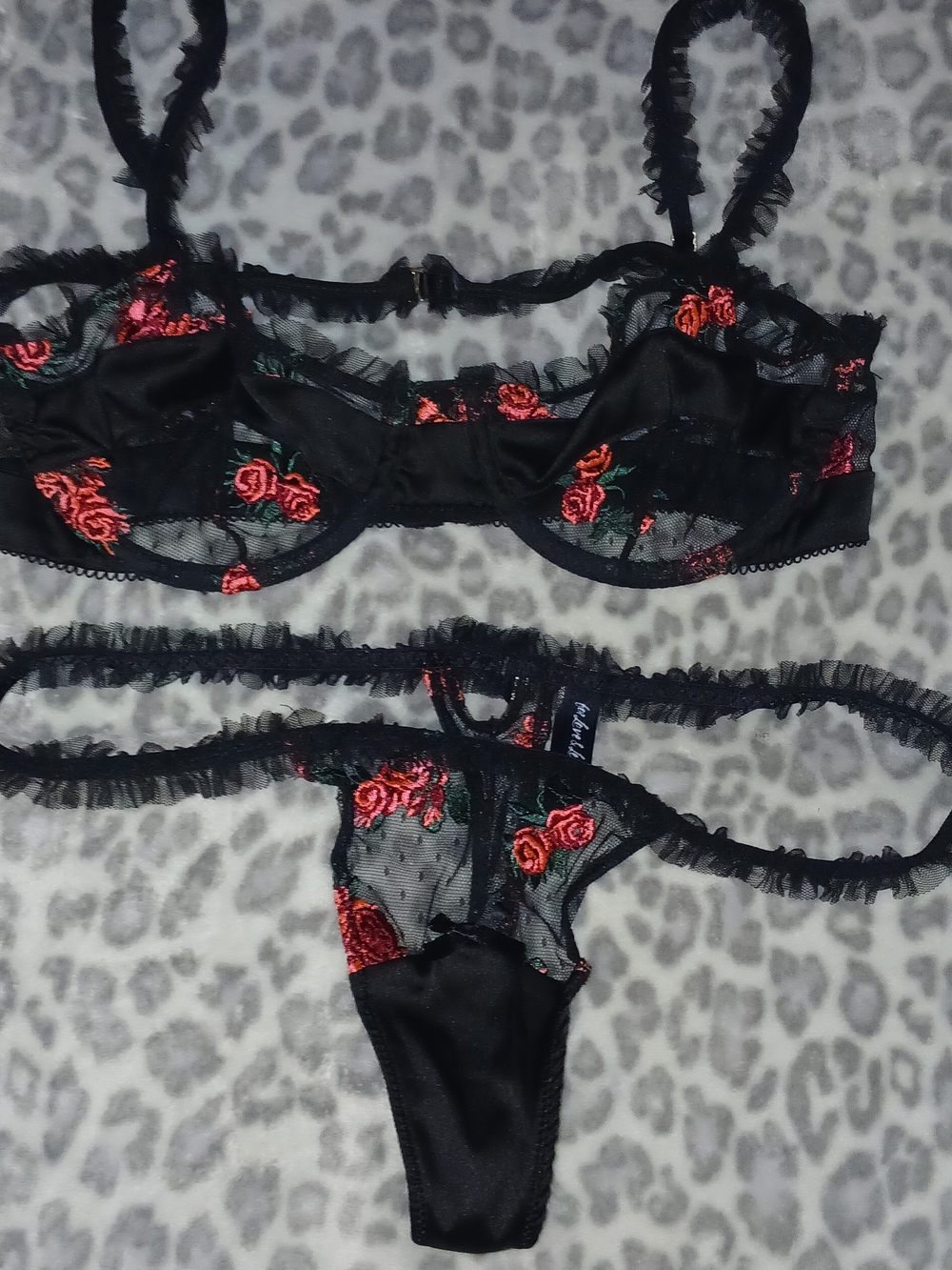 For Love And Lemons Black Sheer Lace Bra & Thong with Red Rose Embroidery